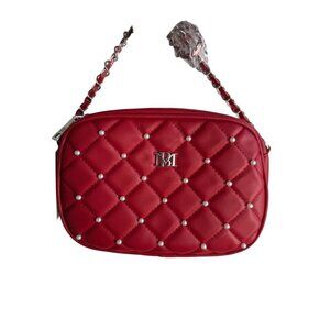 NWT Badgley Mischka Diamond Quilted Red Camera Bag With Pearls Vegan‎ Leather